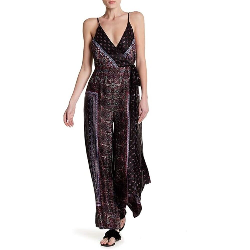 Free People Cabbage Rose Jumpsuit Open Back Wide Leg | Black‎ Pink | SZ 4